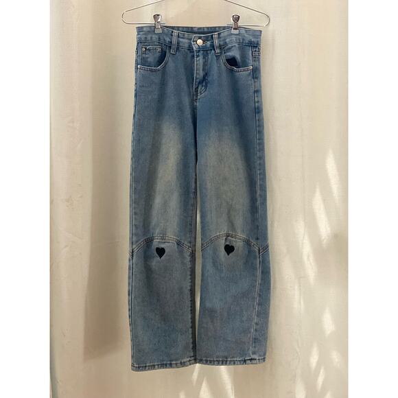 YesStyle InStudio High-Waist Heart Embroidery Wide-Leg Jeans w small - Picture 2 of 7